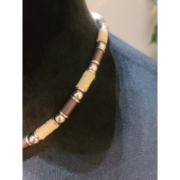 Women's Handmade Beaded Necklace With Wooden Tubes Rope Accents And Lobster Lock - Picture 4 of 5